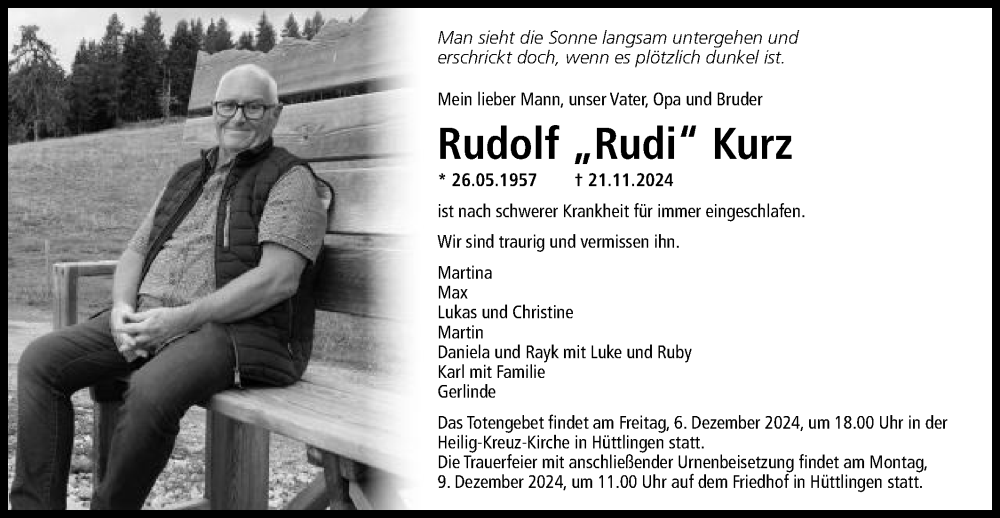  Traueranzeige für Rudolf Kurz vom 04.12.2024 aus Schwäbische Post