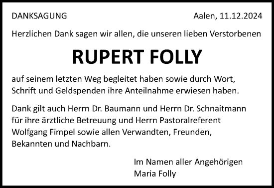 Traueranzeige von Rupert Folly von Schwäbische Post