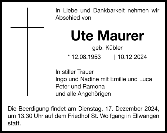 Traueranzeige von Ute Maurer von Schwäbische Post