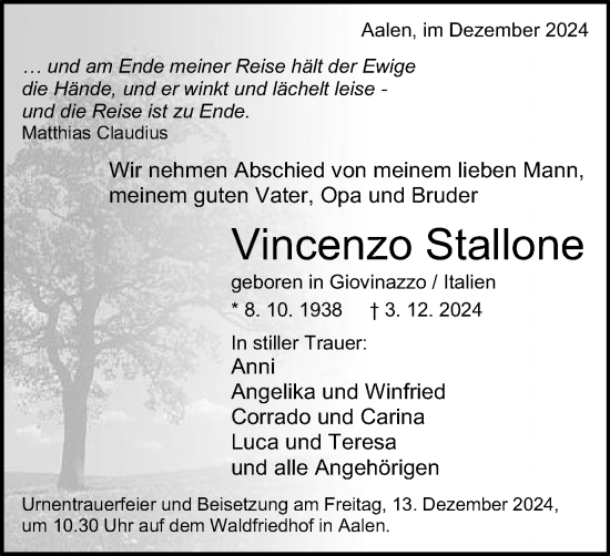 Traueranzeige von Vincenzo Stallone von Schwäbische Post