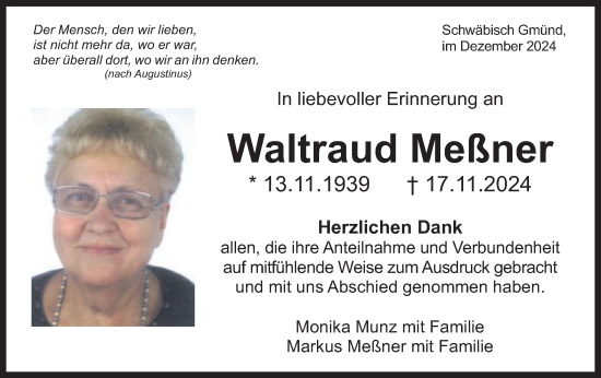 Traueranzeige von Waltraud Meßner von Gmünder Tagespost