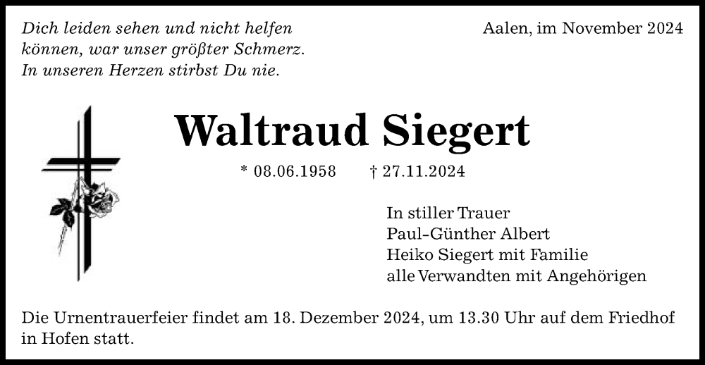  Traueranzeige für Waltraud Siegert vom 16.12.2024 aus Schwäbische Post