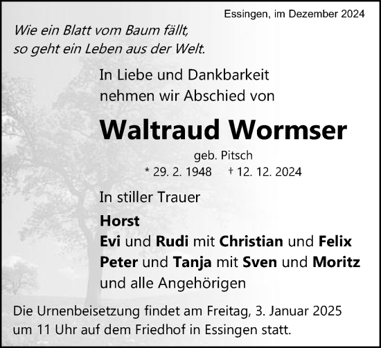 Traueranzeige von Waltraud Wormser von Schwäbische Post