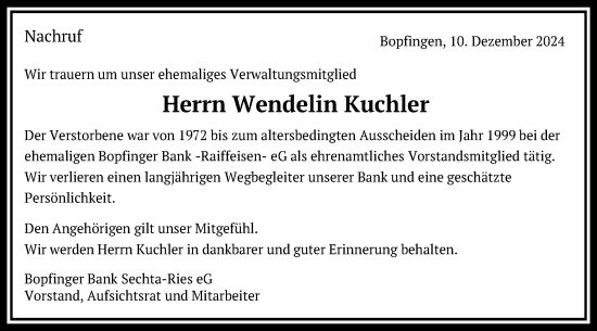 Traueranzeige von Wendelin Kuchler von Schwäbische Post
