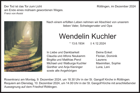 Traueranzeige von Wendelin Kuchler von Schwäbische Post