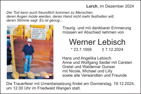 Traueranzeige von Werner Lebisch von Gmünder Tagespost