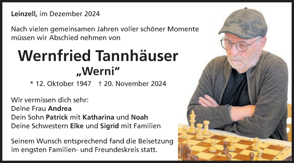  Traueranzeige für Wernfried Tannhäuser vom 20.12.2024 aus Gmünder Tagespost
