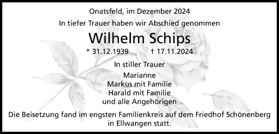 Traueranzeige von Wilhelm Schips von Schwäbische Post