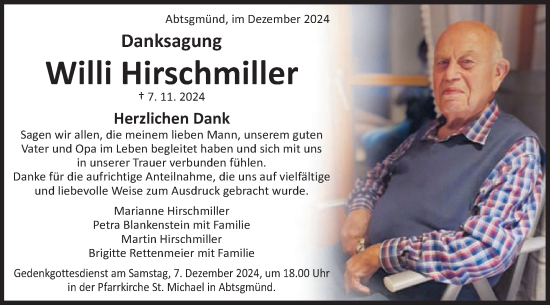 Traueranzeige von Willi Hirschmiller von Schwäbische Post