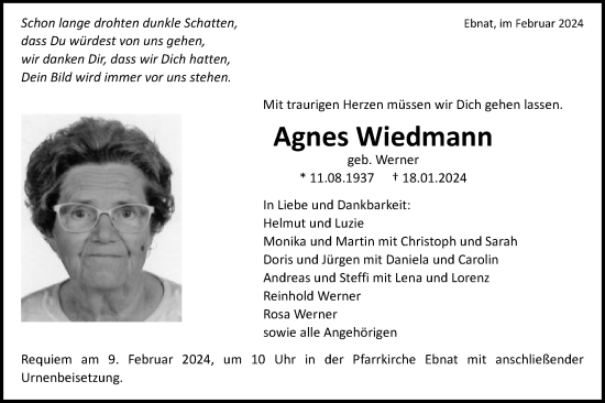 Traueranzeige von Agnes Wiedmann von Schwäbische Post