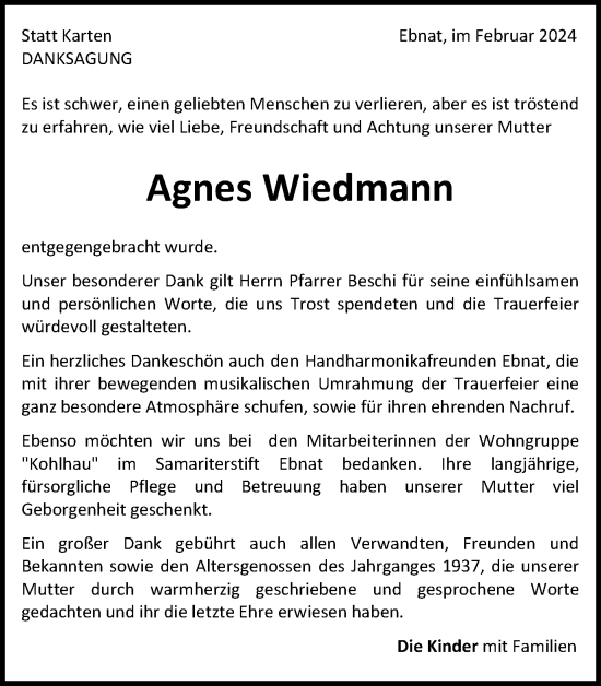 Traueranzeige von Agnes Wiedmann von Schwäbische Post