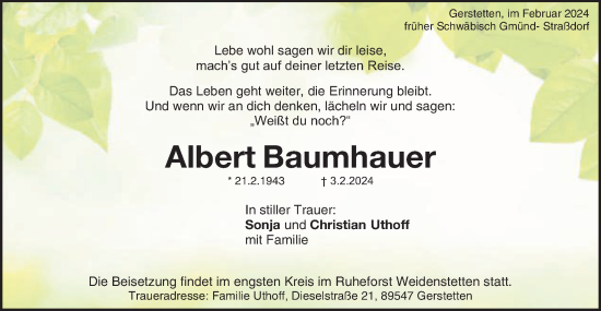 Traueranzeige von Albert Baumhauer von Gmünder Tagespost