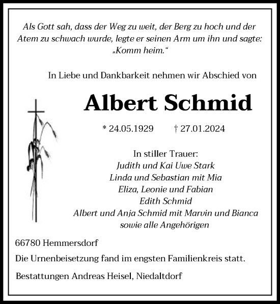 Traueranzeige von Albert Schmid von Schwäbische Post
