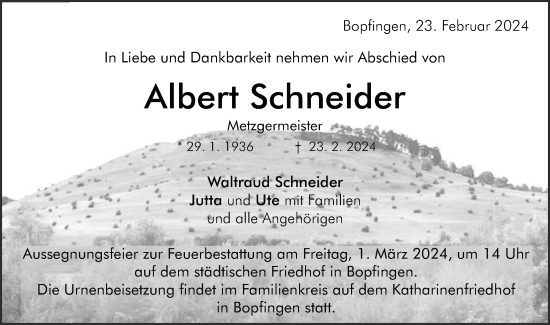 Traueranzeige von Albert Schneider von Schwäbische Post