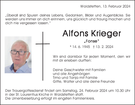 Traueranzeige von Alfons Krieger