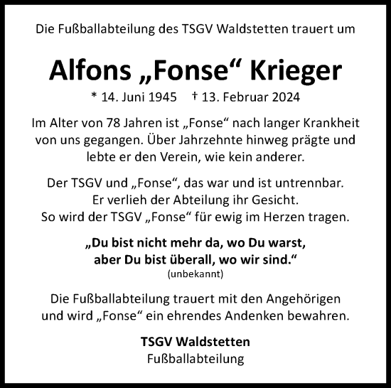 Traueranzeige von Alfons Krieger von Gmünder Tagespost