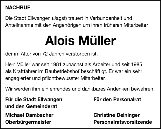 Traueranzeige von Alois Müller von Schwäbische Post