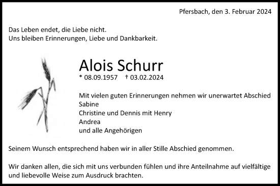 Traueranzeige von Alois Schurr von Gmünder Tagespost