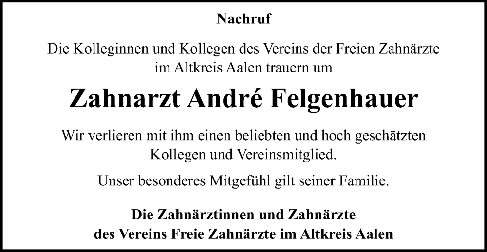  Traueranzeige für Andre Felgenhauer vom 08.02.2024 aus Schwäbische Post