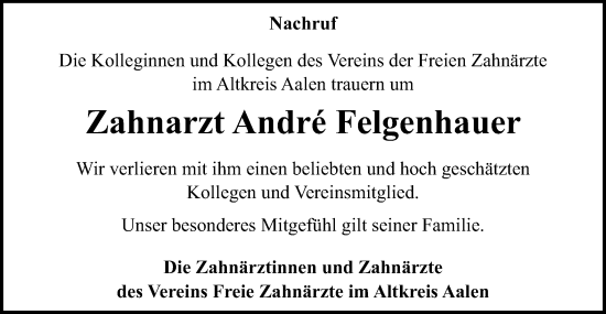 Traueranzeige von Andre Felgenhauer von Schwäbische Post