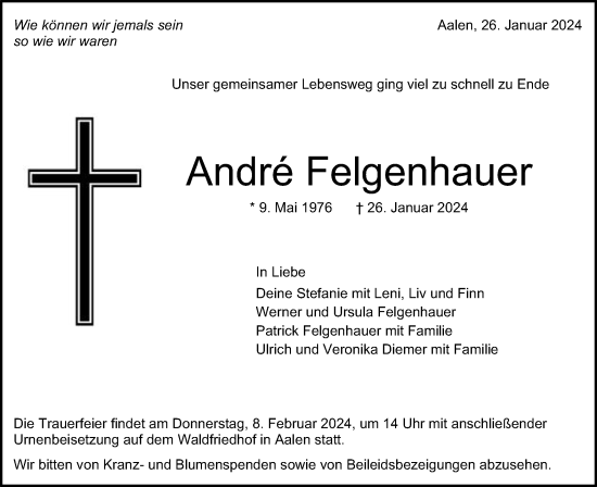 Traueranzeige von Andre Felgenhauer von Schwäbische Post