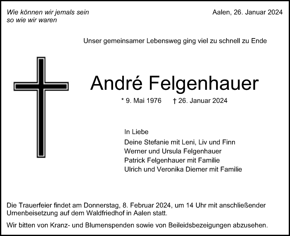  Traueranzeige für Andre Felgenhauer vom 05.02.2024 aus Schwäbische Post