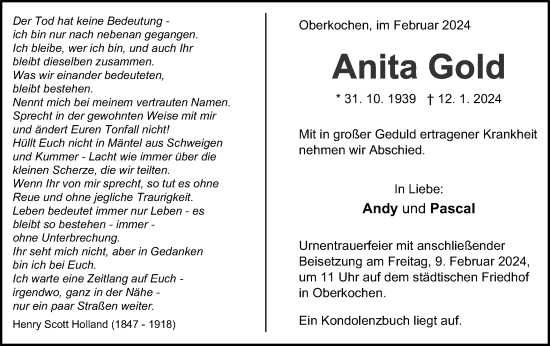 Traueranzeige von Anita Gold von Schwäbische Post