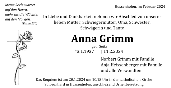 Traueranzeige von Anna Grimm von Gmünder Tagespost