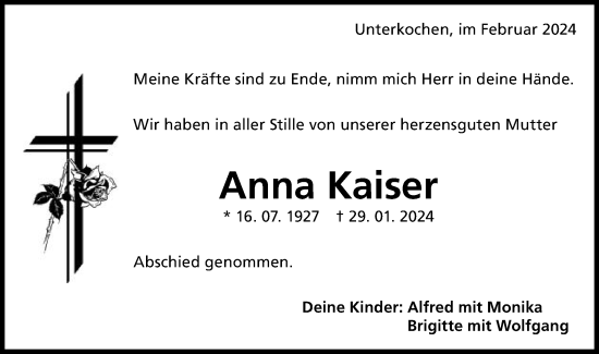 Traueranzeige von Anna Kaiser von Schwäbische Post