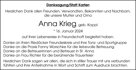 Traueranzeige von Anna Krieg