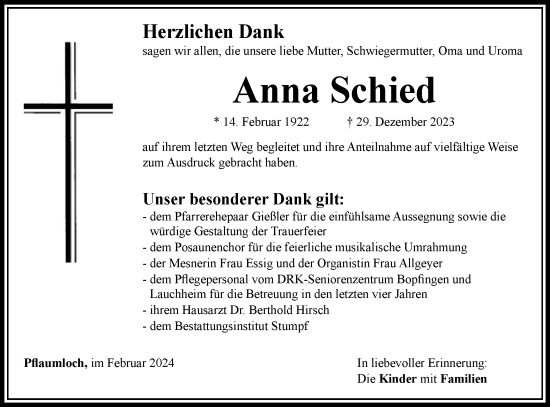 Traueranzeige von Anna Schied von Schwäbische Post