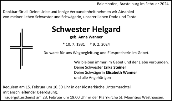 Traueranzeige von Anna Wanner von Schwäbische Post