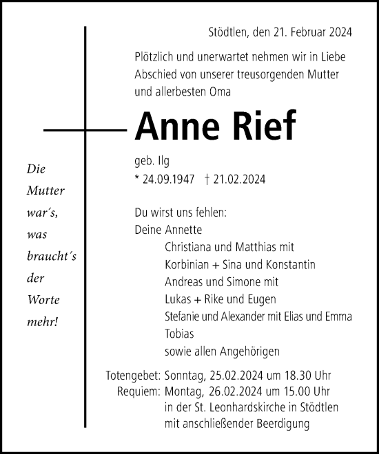 Traueranzeige von Anne Rief von Schwäbische Post