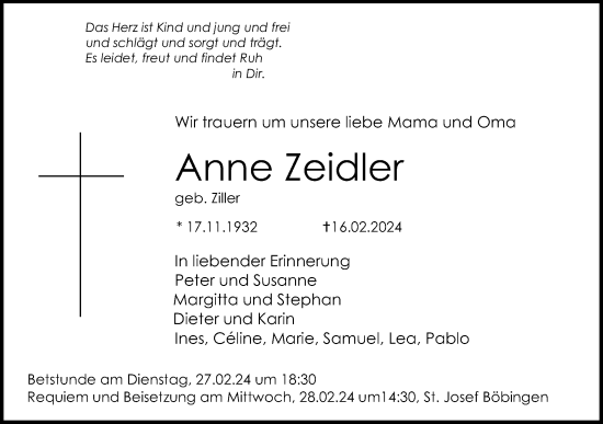 Traueranzeige von Anne Zeidler von Gmünder Tagespost