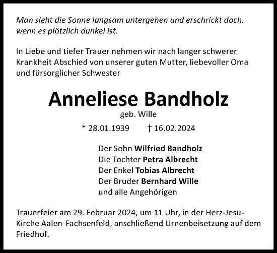 Traueranzeige von Anneliese Bandholz von Schwäbische Post