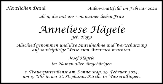 Traueranzeige von Anneliese Hägele von Schwäbische Post