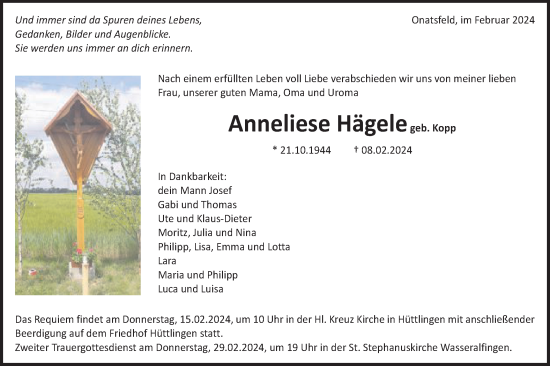 Traueranzeige von Anneliese Hägele von Schwäbische Post