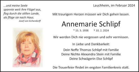 Traueranzeige von Annemarie Schlipf von Schwäbische Post