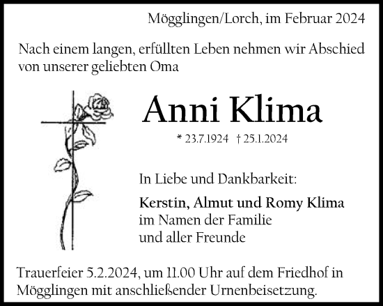 Traueranzeige von Anni Klima von Gmünder Tagespost