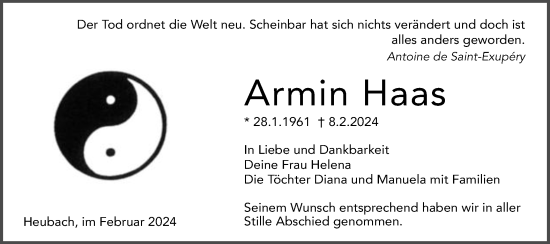 Traueranzeige von Armin Haas von Gmünder Tagespost