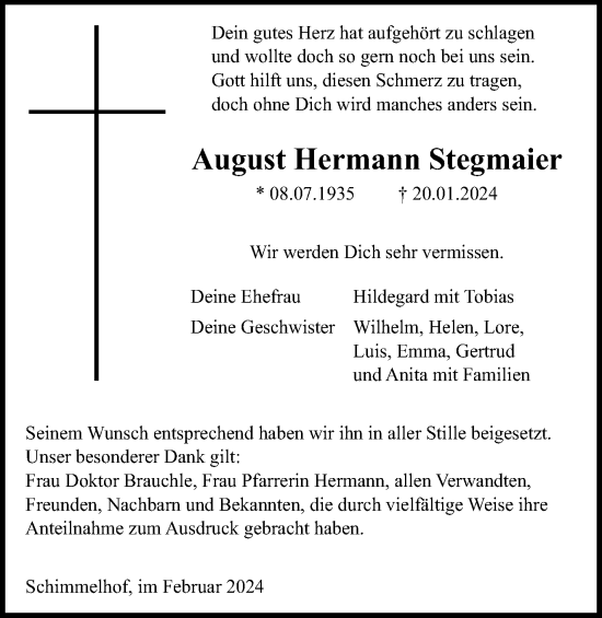 Traueranzeige von August Hermann Stegmaier von Schwäbische Post