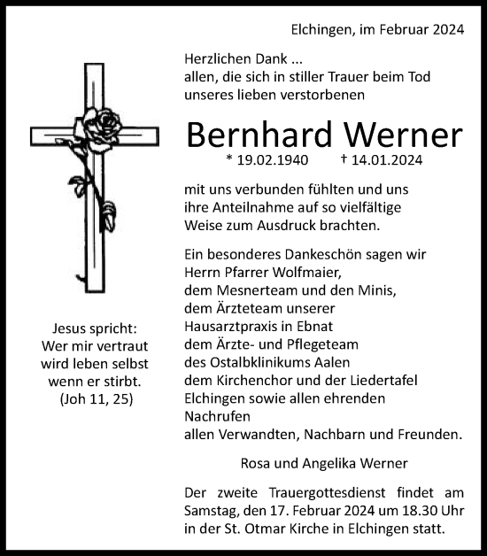 Traueranzeige von Bernhard Werner von Schwäbische Post