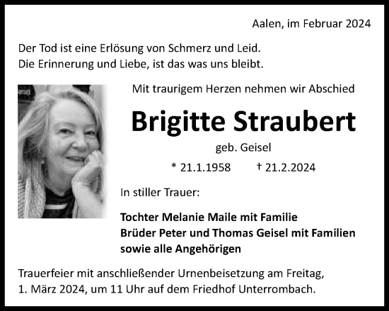 Traueranzeige von Brigitte Straubert von Schwäbische Post