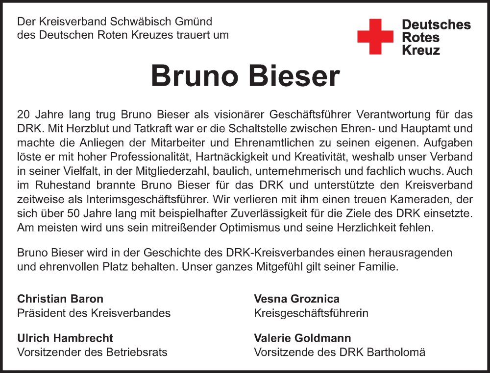  Traueranzeige für Bruno Bieser vom 26.02.2024 aus Gmünder Tagespost