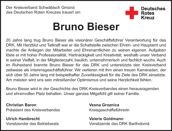 Traueranzeige von Bruno Bieser von Gmünder Tagespost