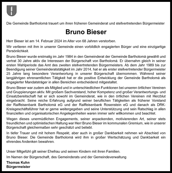 Traueranzeige von Bruno Bieser von Gmünder Tagespost