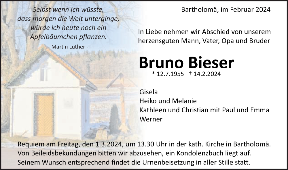  Traueranzeige für Bruno Bieser vom 26.02.2024 aus Gmünder Tagespost