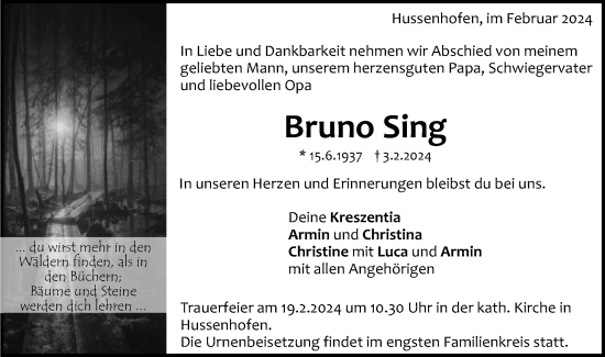 Traueranzeige von Bruno Sing von Gmünder Tagespost