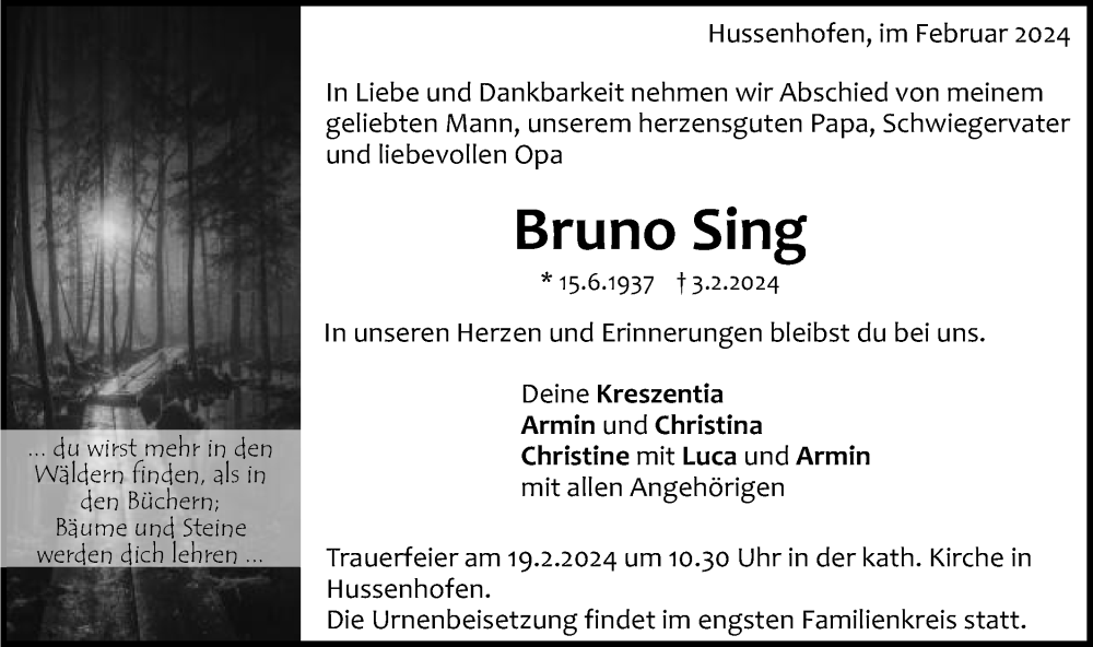  Traueranzeige für Bruno Sing vom 10.02.2024 aus Gmünder Tagespost