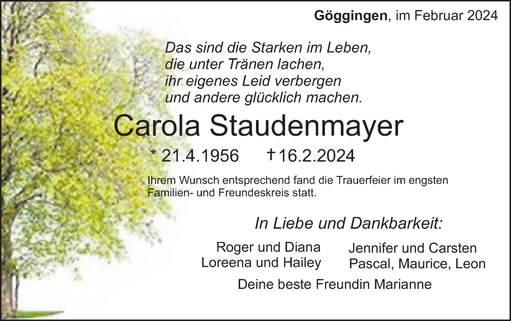  Traueranzeige für Carola Staudenmayer vom 29.02.2024 aus Gmünder Tagespost